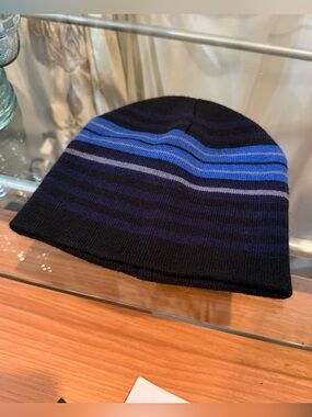JNCO Black Beanie with Blue and Navy Stripes